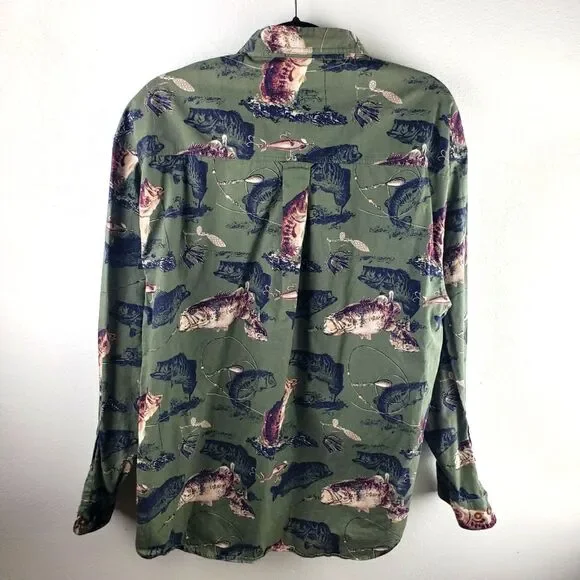 Men's The North River Green Button Up Long Sleeve Bass Fish Shirt Size Large - Picture 2 of 11